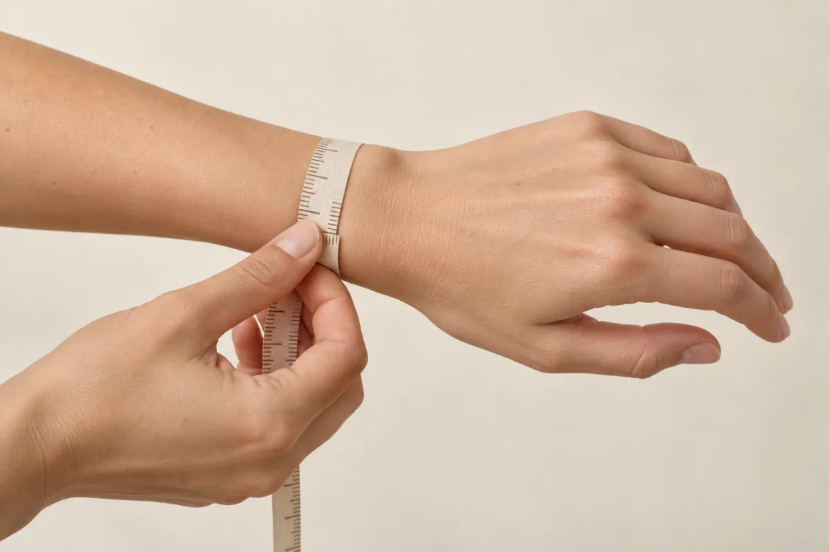 A woman measuring the narrowest part of her wrist with a soft measuring tape